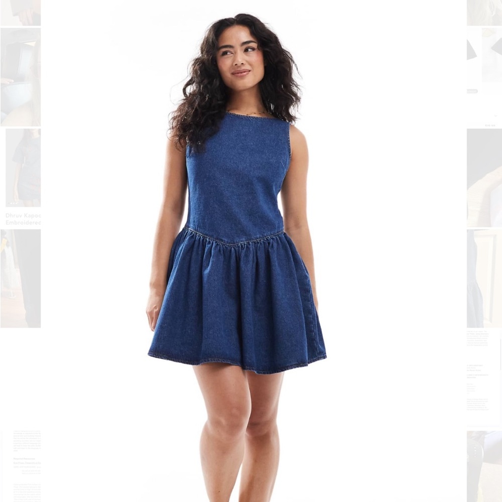 XS - Miss Selfridge denim drop waist mini dress in mid-wash blue - from ASOS